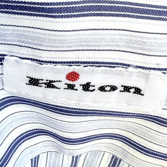 KITON Striped luxury Dress Shirt Blue White Made in Italy Size 15.5 /39 - Picture 4 of 13